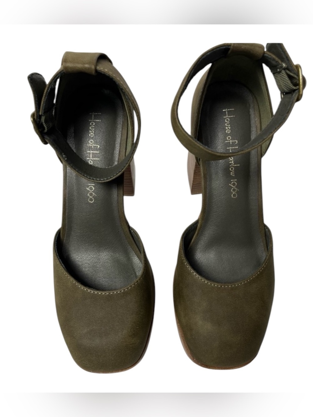 House of Harlow 1960 Olive Green Ankle-Strap Block Heels/Shoes Sz 6